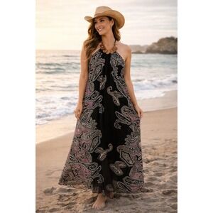 VTG Y2K Women Dress M Black Sheer Gauzy Paisley Maxi Wooden Bead Halter Boho